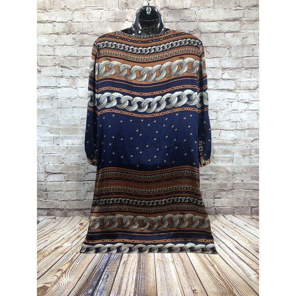 HALE BOB embellished chain link print silk dress navy brown womens sz xs - Picture 5 of 9
